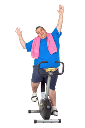 Fat Man in a Static Bicycle on a White Background