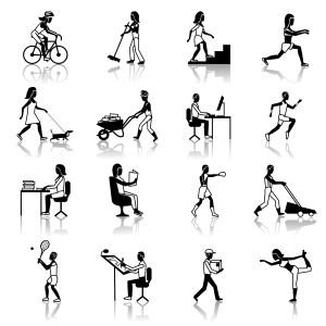 Physical activities icons black set with people silhouettes working cleaning cycling walking isolated vector illustration